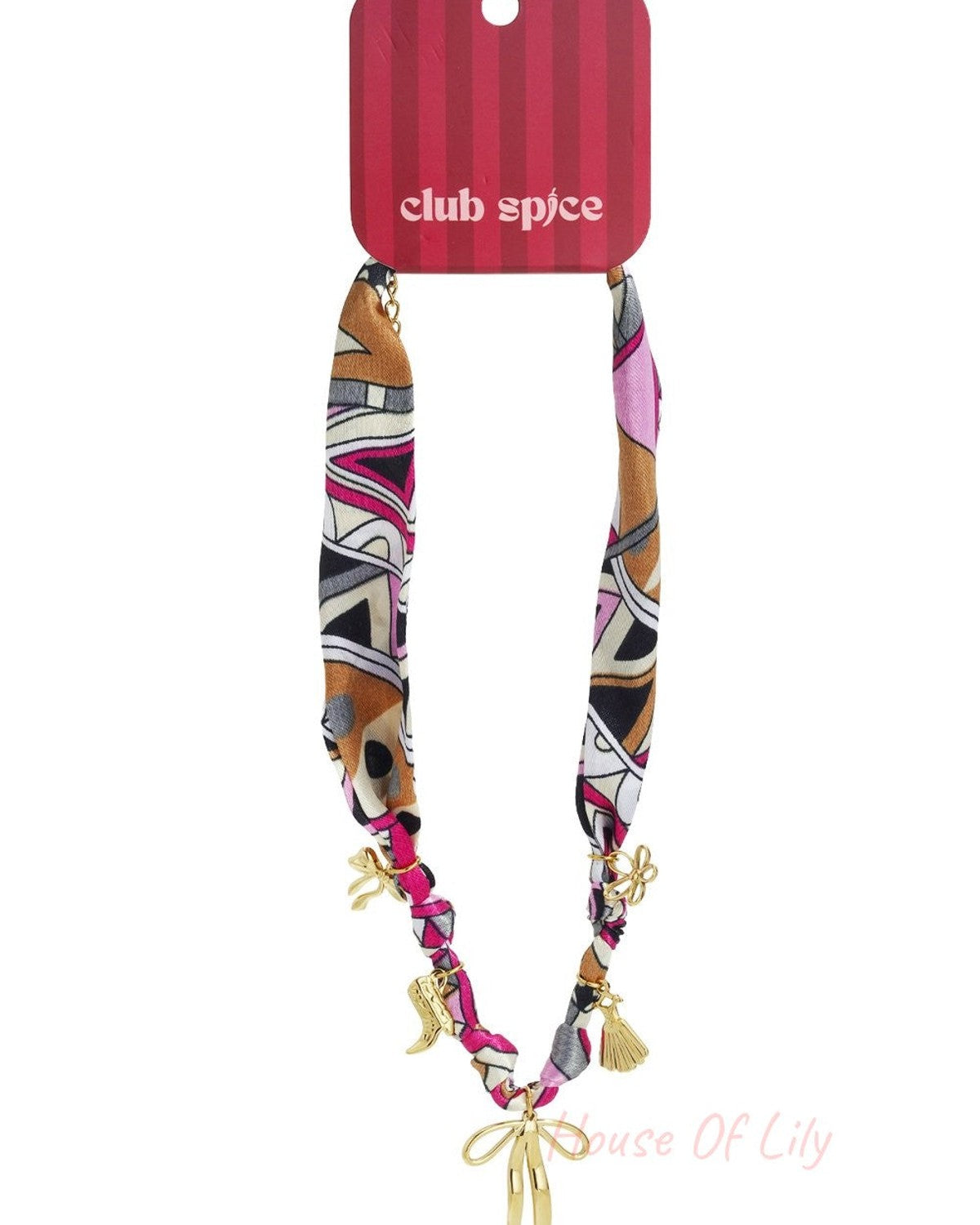 Scarf Tied Vibe necklace featuring a multi-colored geometric fabric scarf with dangling gold charms and a central bow.