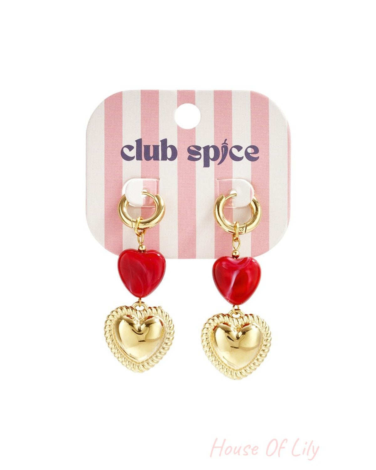 Gold dangle earrings featuring red resin hearts and textured gold heart charms on gold hoop findings.