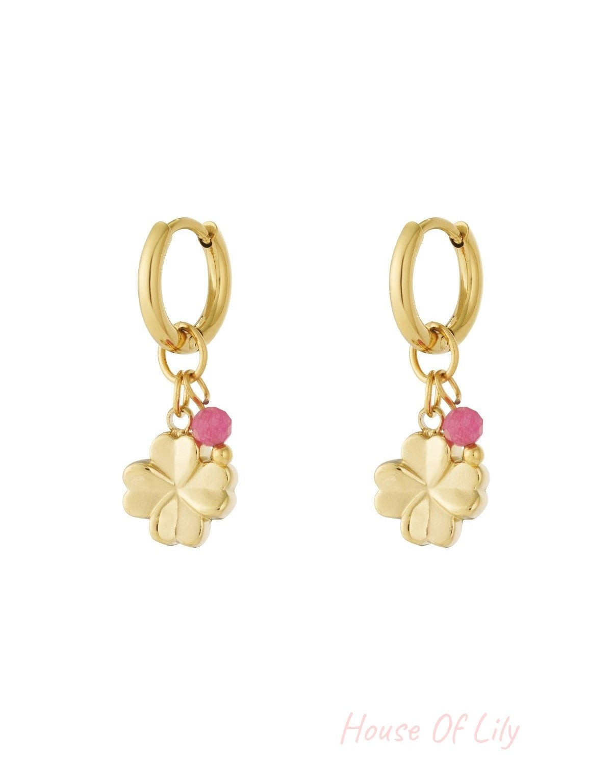 Gold hoop earrings with four-leaf clover charms and pink faceted bead accents shown on white background