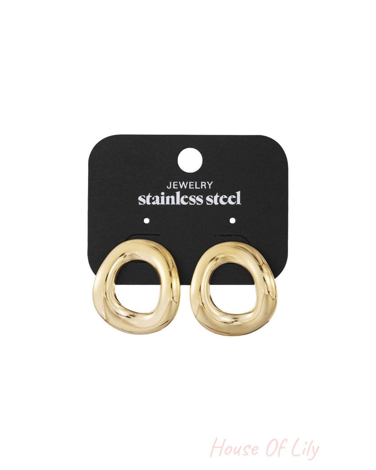 Gold-tone stainless steel Melty Melt hoop earrings with an irregular, organic, molten shape on a black jewelry card.