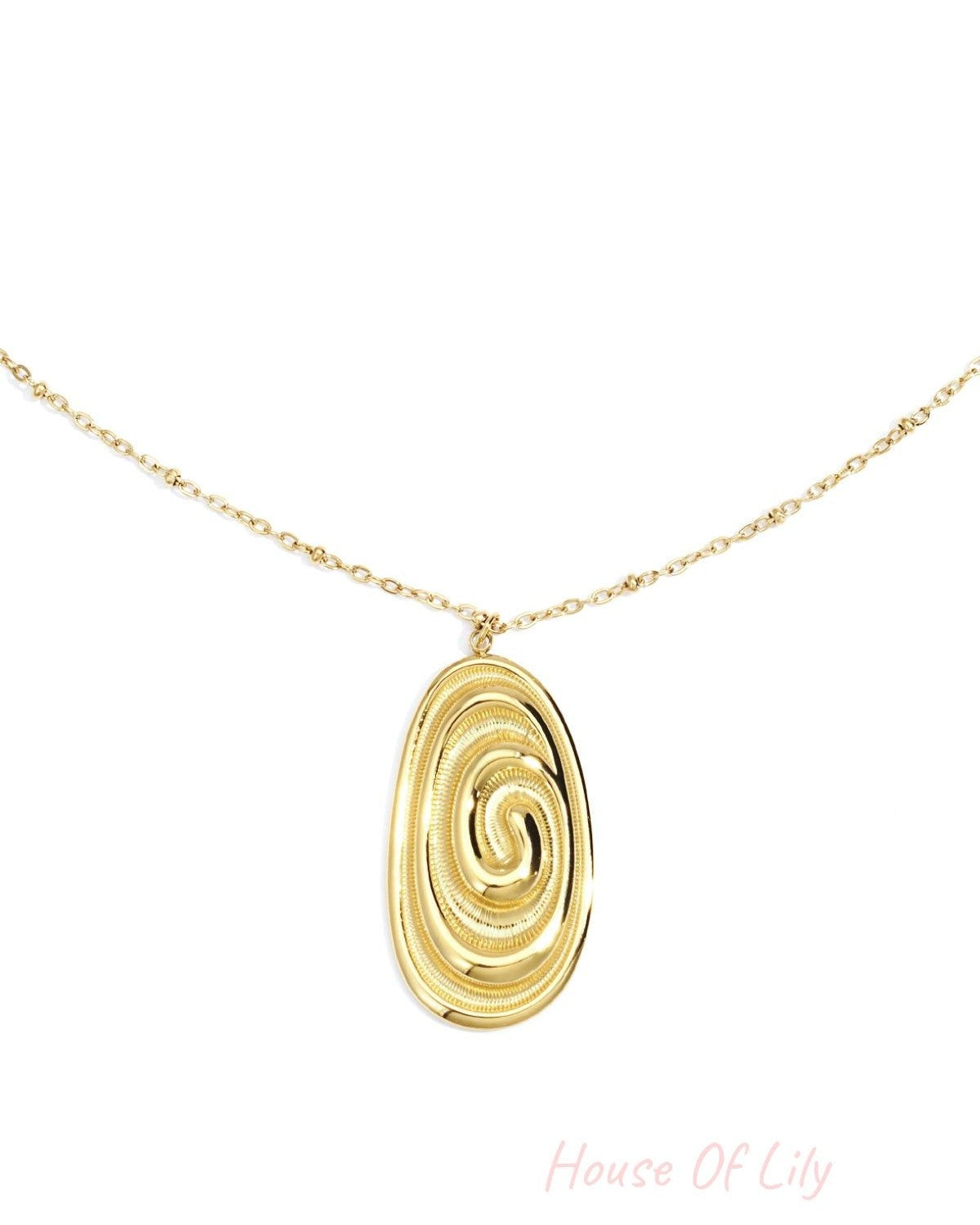Gold Irregular Soul necklace featuring an oval pendant with an intricate, swirling textured design on a delicate chain.
