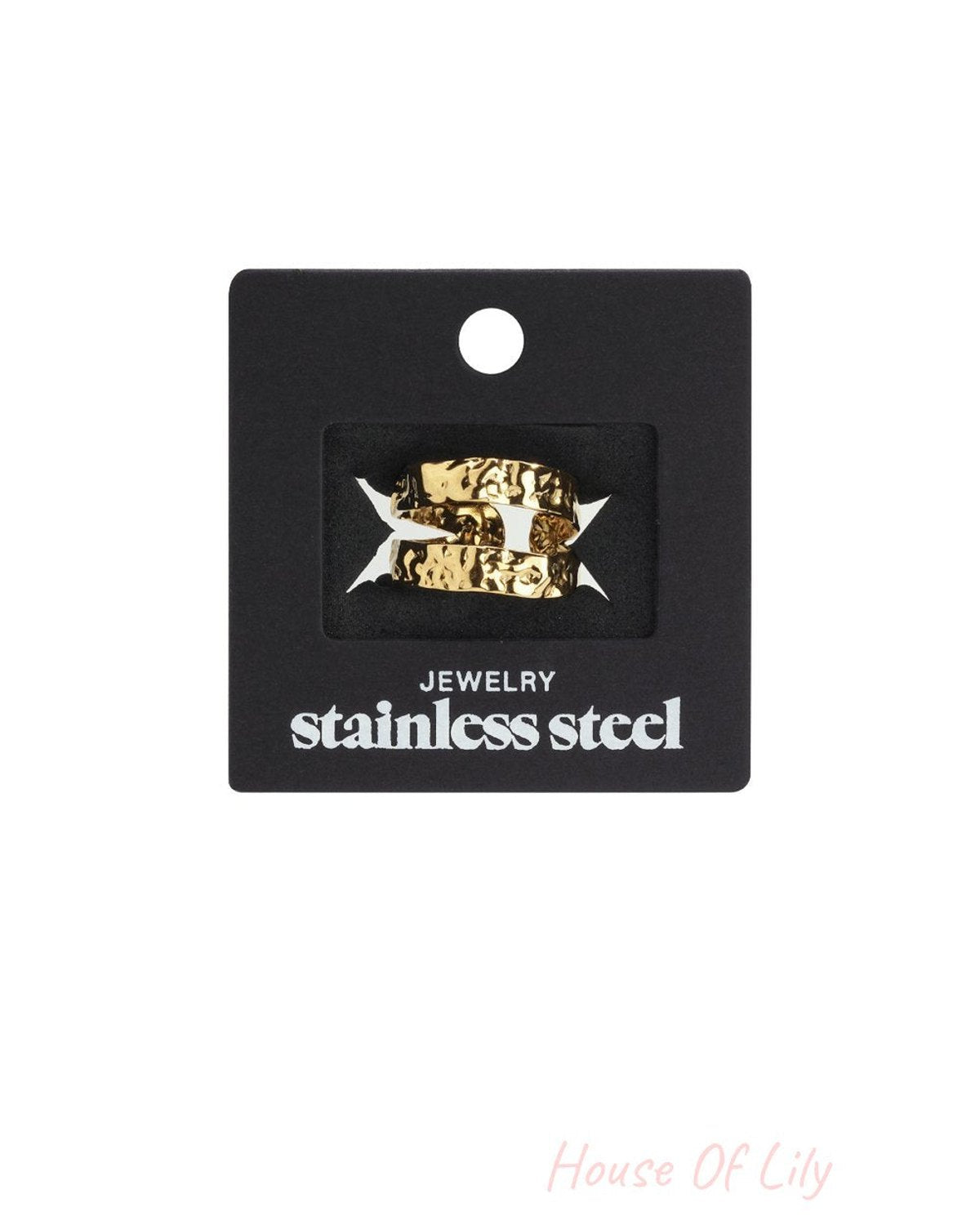 Gold double-layered wavy ring in textured stainless steel, displayed on a black product card.