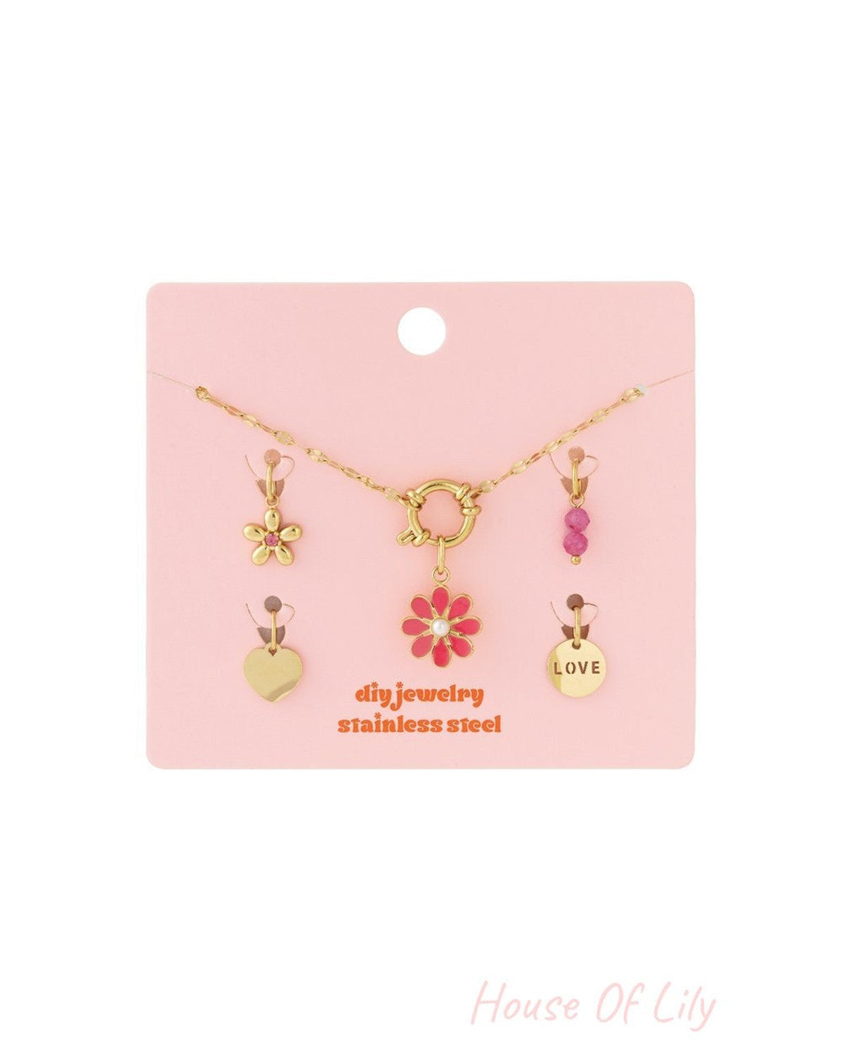 Cherry Glaze Core stainless steel DIY jewelry kit with gold-tone necklace and floral, heart, and 'LOVE' charms.