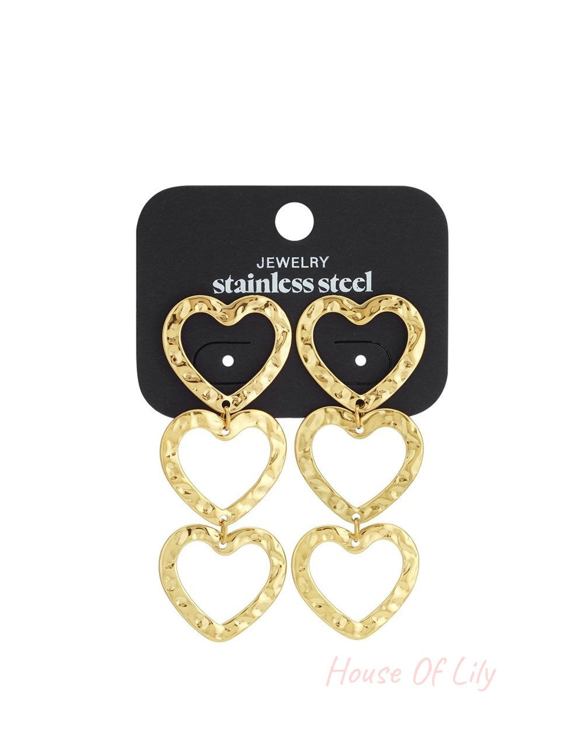 Gold-toned stainless steel drop earrings featuring three linked, textured open heart charms.