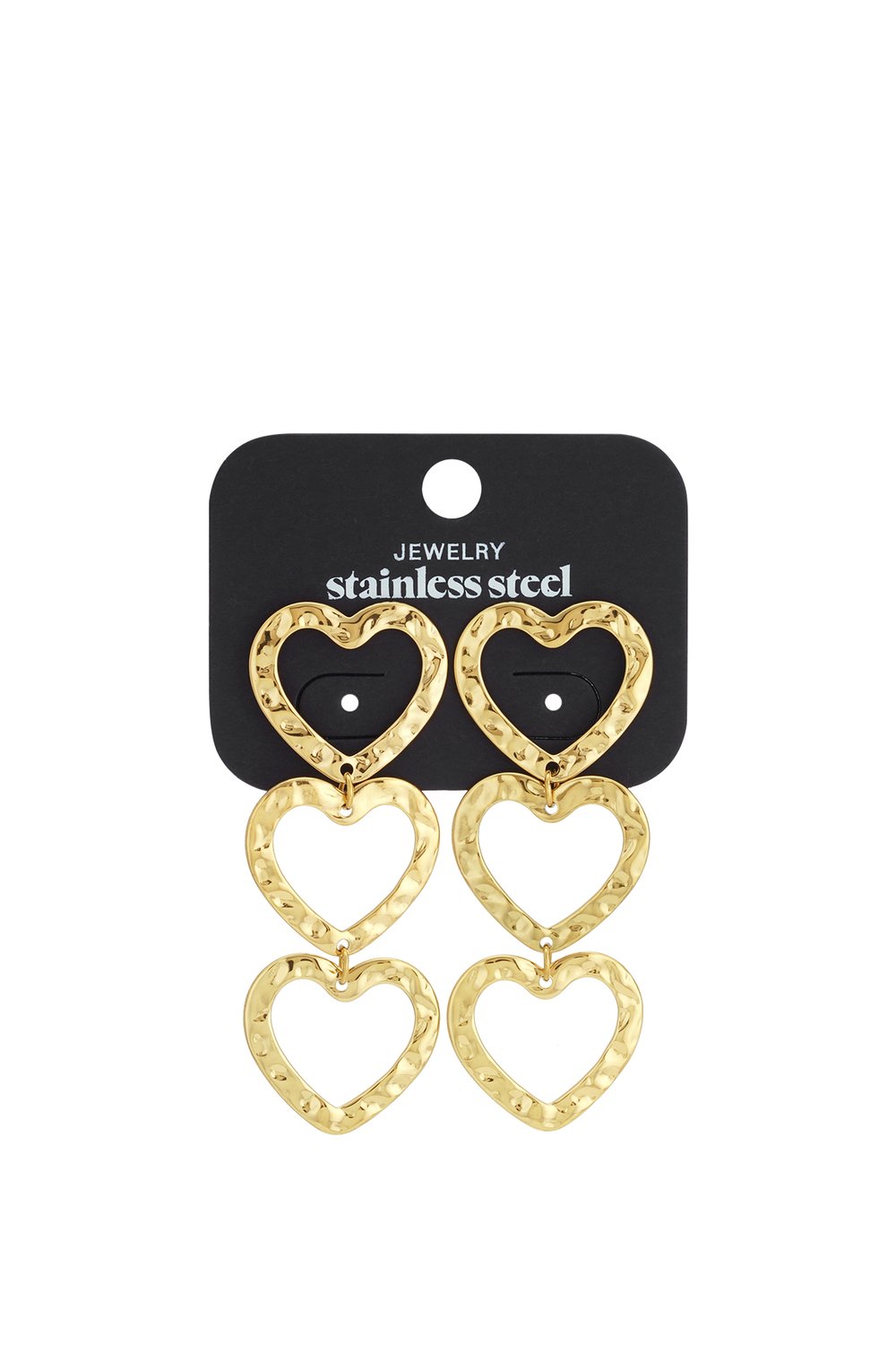 Gold-toned stainless steel drop earrings featuring three linked, textured open heart charms.