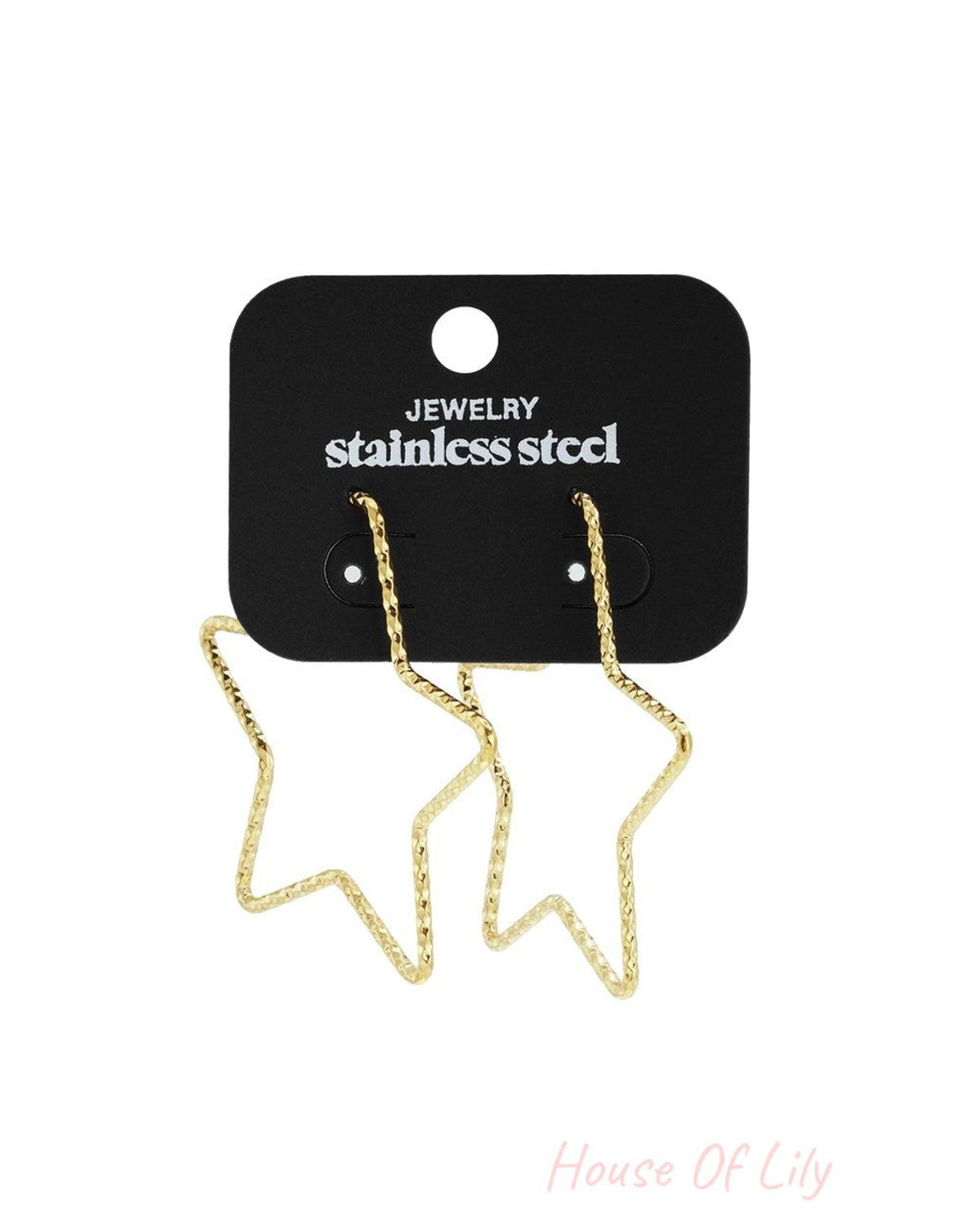 Gold-toned stainless steel hoop earrings in a textured, open star shape, displayed on a black backing card.