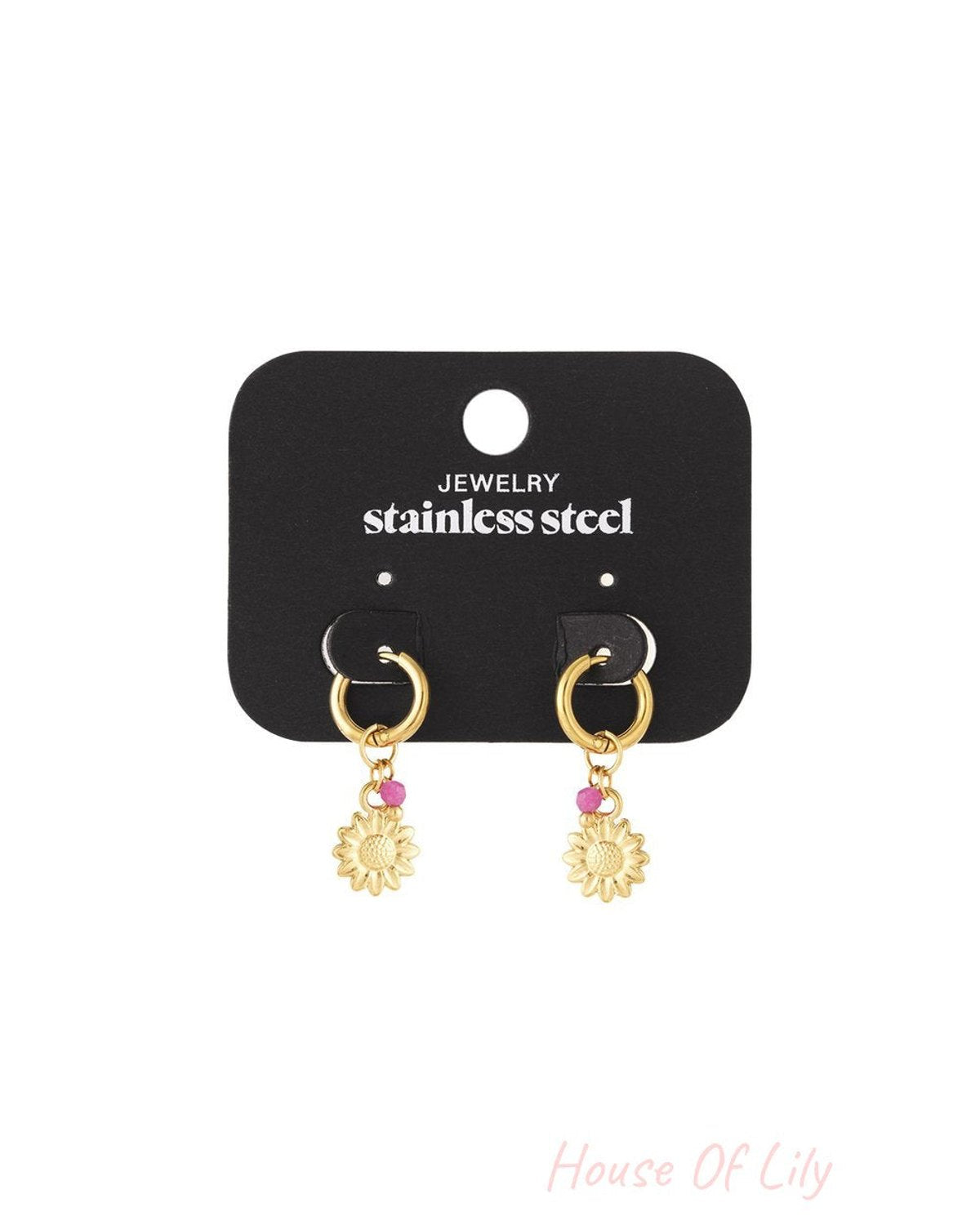 Sunny Side Drip: Gold stainless steel hoop earrings featuring a small pink bead and a hanging sunflower charm.