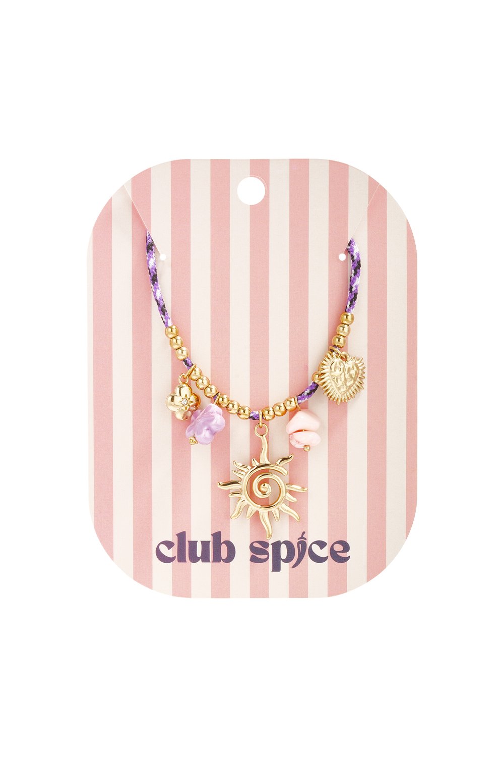 Iconic Cord Choker with purple patterned cord, gold beads, sun pendant, heart, flower, and pastel charms on display card.