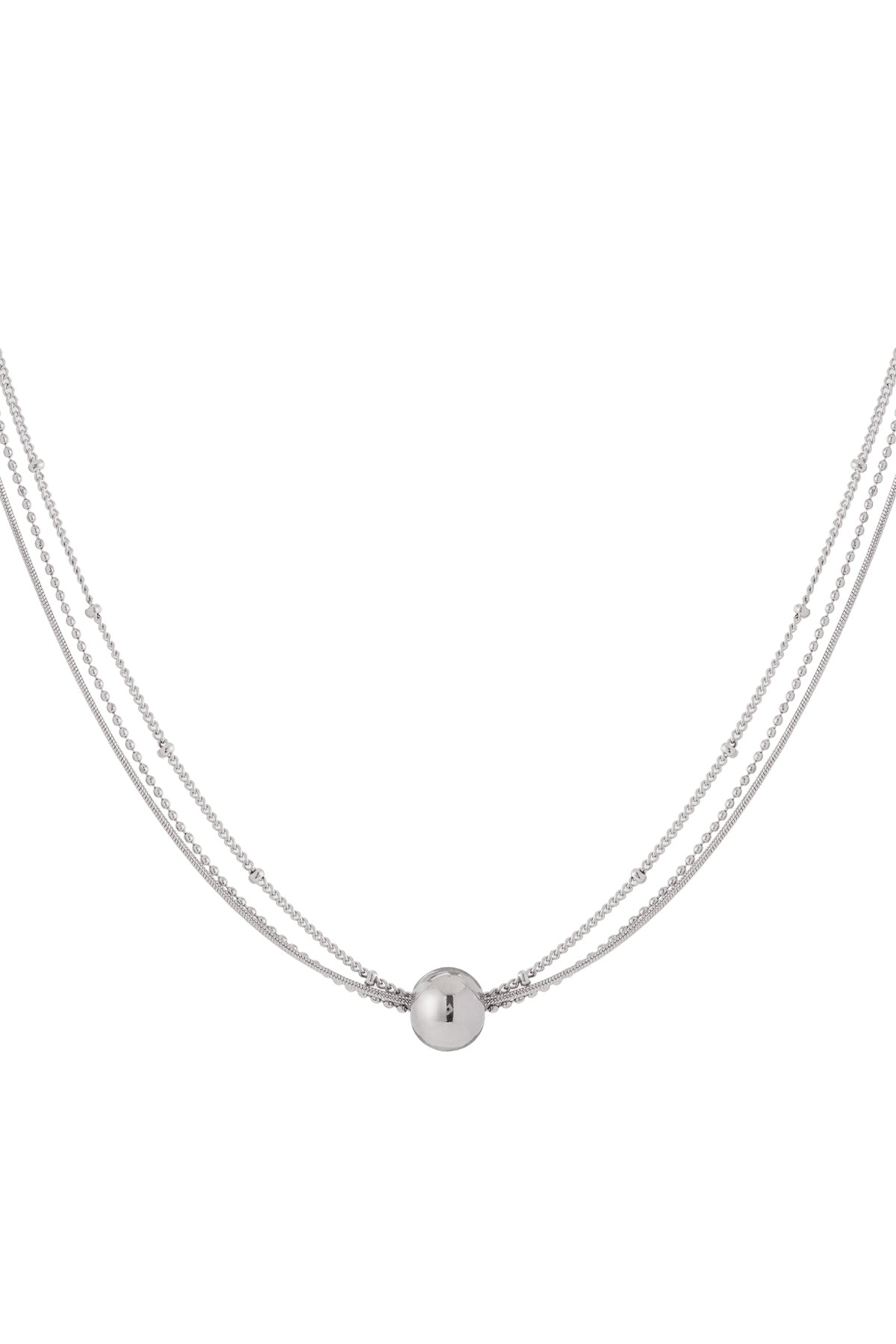 Silver layered necklace with tiny beads and a smooth spherical pendant displayed on a white background