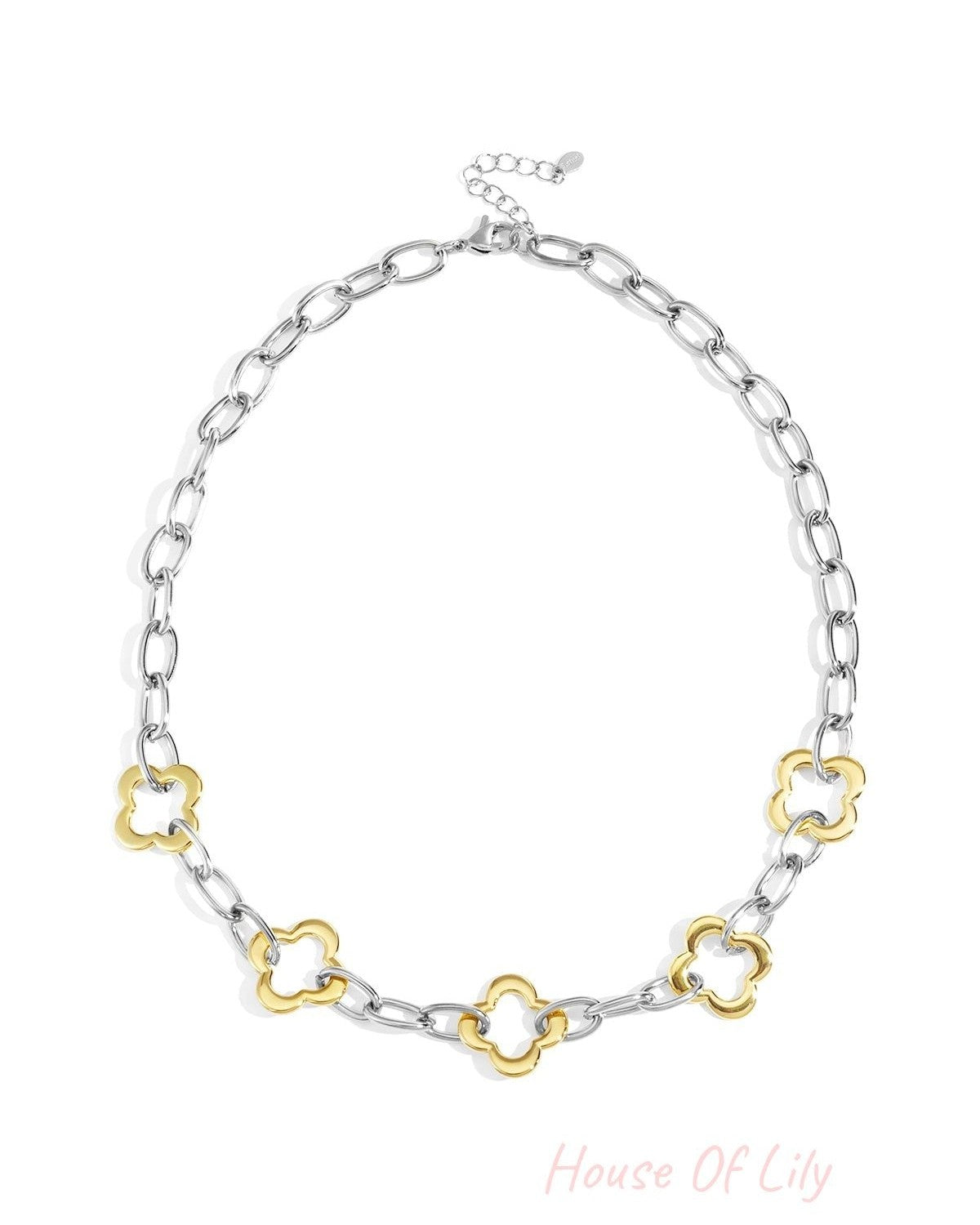 Two-tone clover link chain necklace featuring silver oval links intermixed with gold-tone clover accents, shown on white background