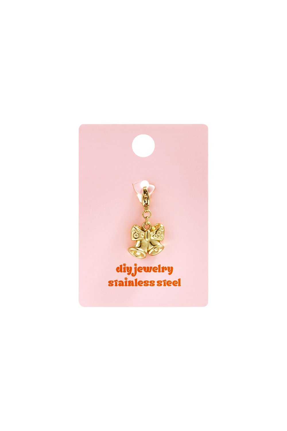 Golden bell charm with a bow, crafted from gold-tone stainless steel, displayed on a pink jewelry backing card.