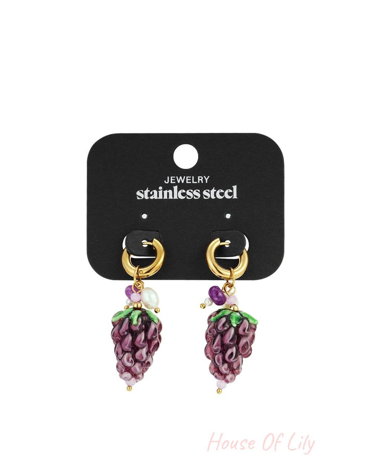 Gold stainless steel hoop earrings featuring purple grape charms with small white and pink bead accents.