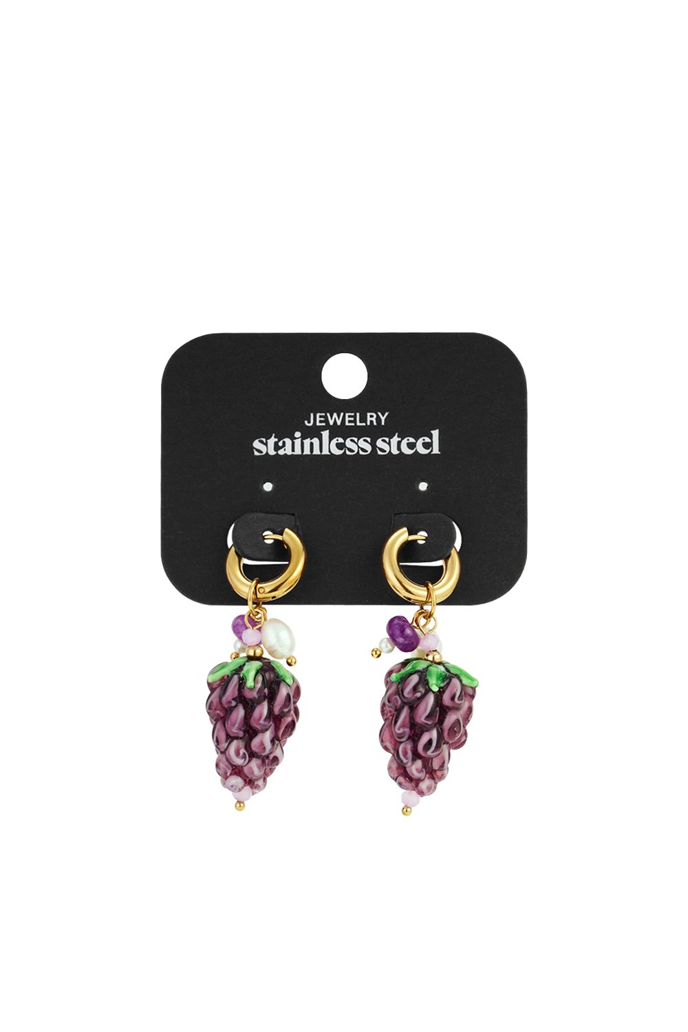 Gold stainless steel hoop earrings featuring purple grape charms with small white and pink bead accents.