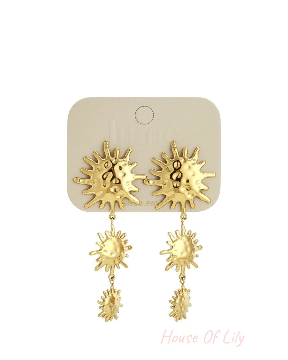 Gold Solar Flare Drop earrings featuring three tiered, textured sunburst charms on each earring.