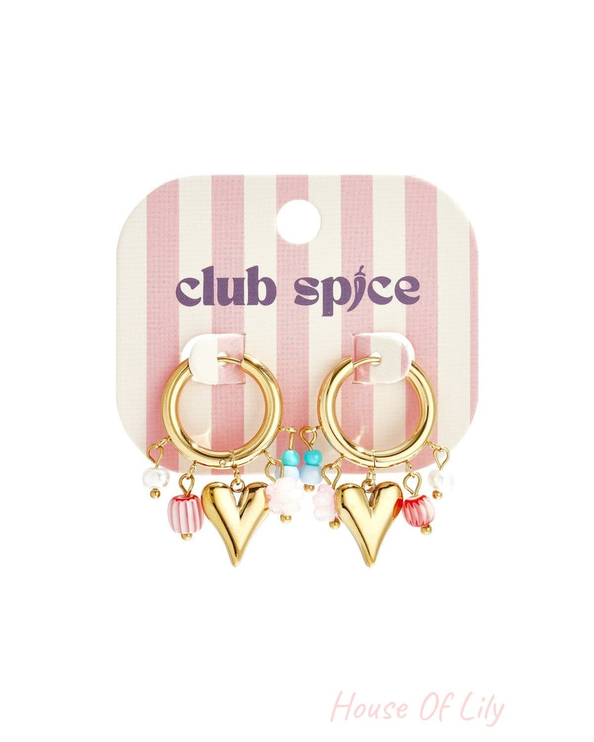 Pair of gold heart charm hoop earrings with pastel beads displayed on a pink striped Club Spice branded card