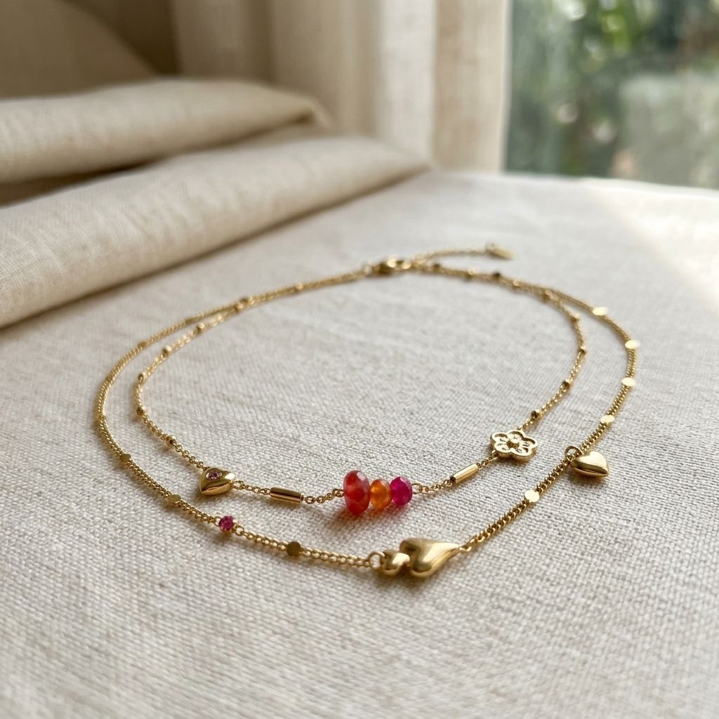 Close-up of the Bloom Heart Duo necklace with flower and heart charms on neutral fabric, highlighting metal and rhinestone details.