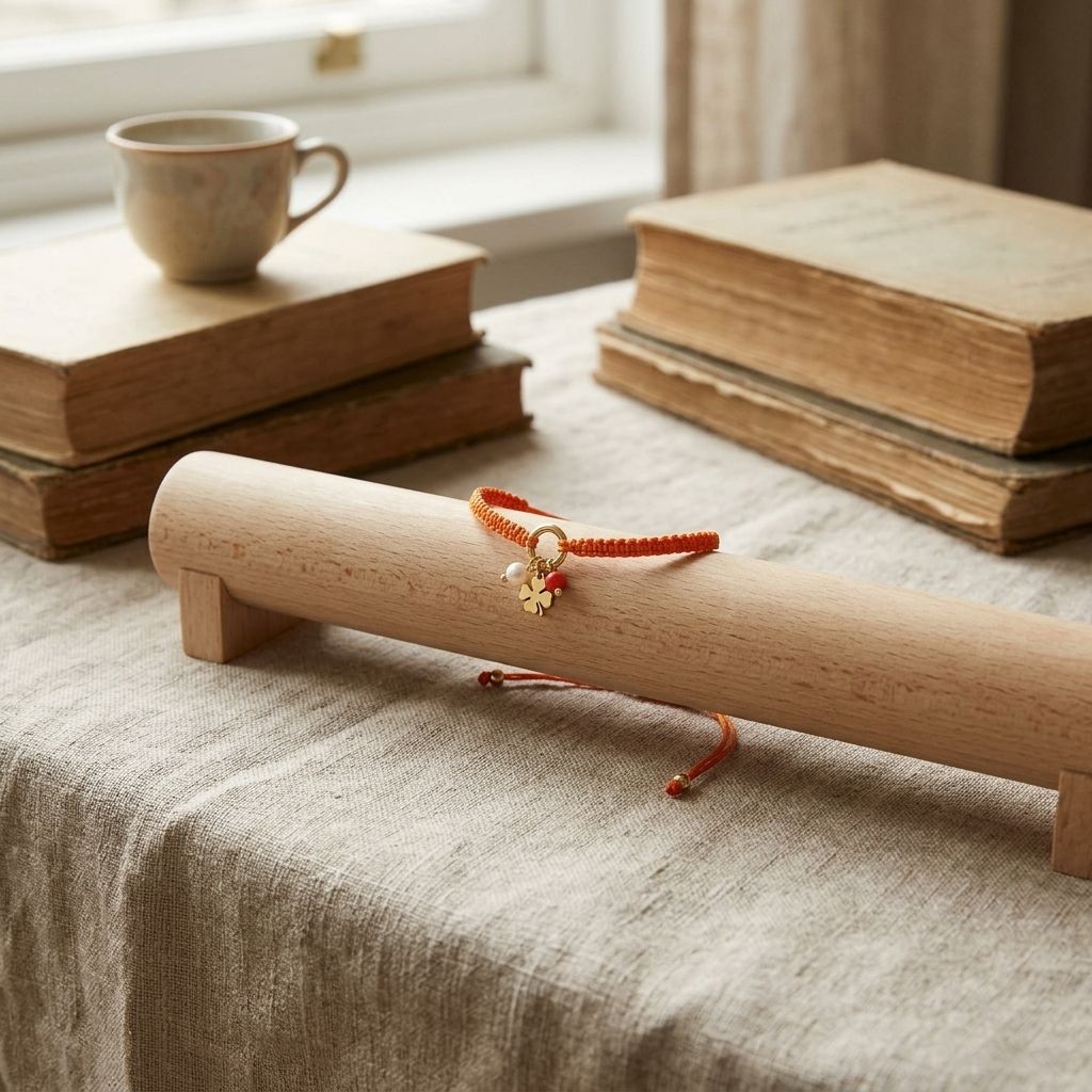 Side profile of the Charm Party Stack bracelet on a holder in a cozy setting, showing its minimalist charm and braided detail.