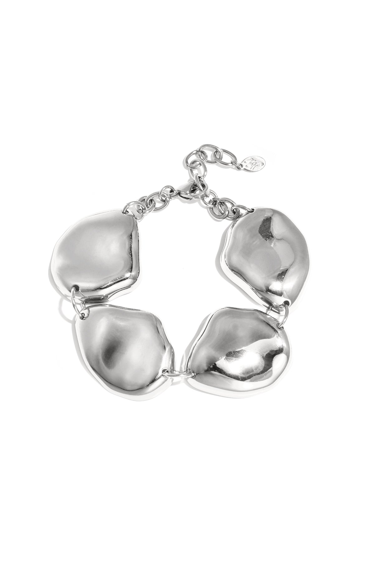 Chunky silver-tone metal bracelet with four large irregular metal links connected by small rings on white background