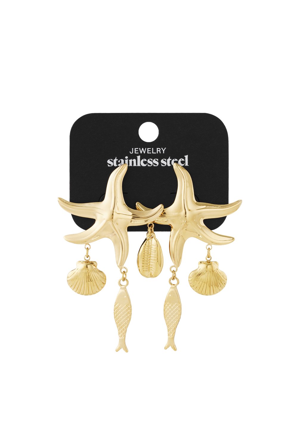 Gold-toned stainless steel starfish dangle earrings featuring hanging seashell and fish charms on a black display card.