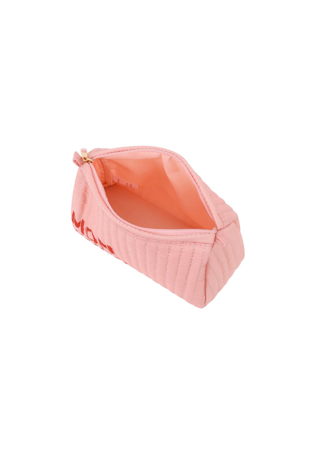 Pink quilted zippered pouch with red lettering detail, shown open from a high-angle view.