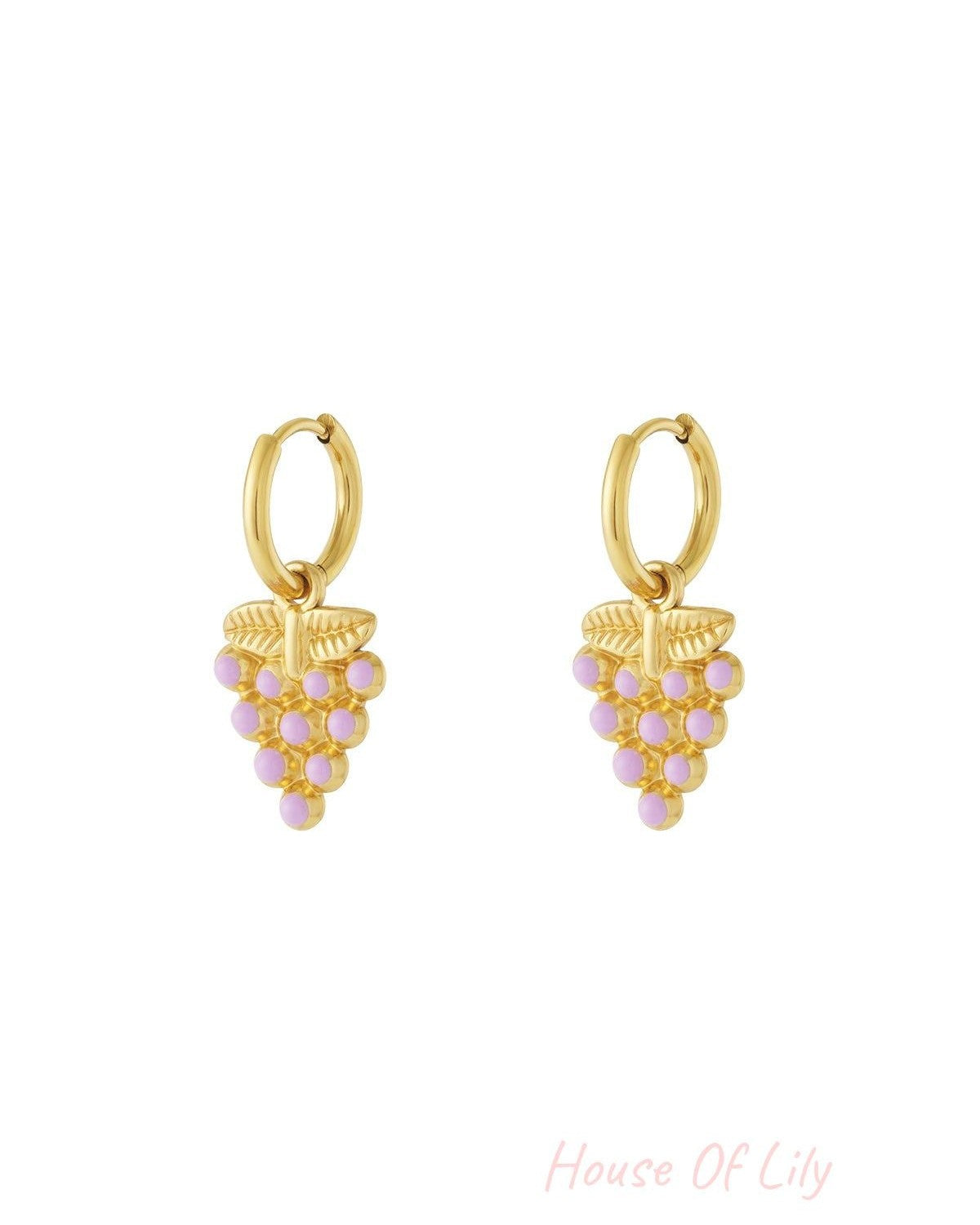 Pair of gold grape drop earrings with pastel pink enamel clusters on white background