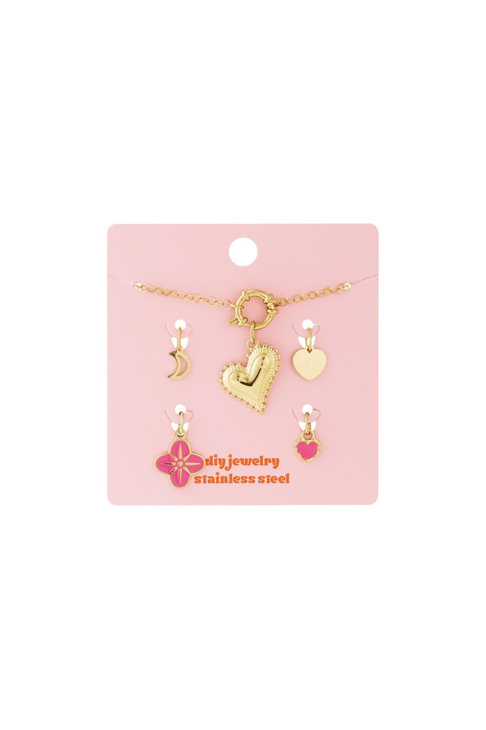 Gold-tone stainless steel Whimsical Love charm bracelet featuring heart, moon, and pink enamel flower pendants.