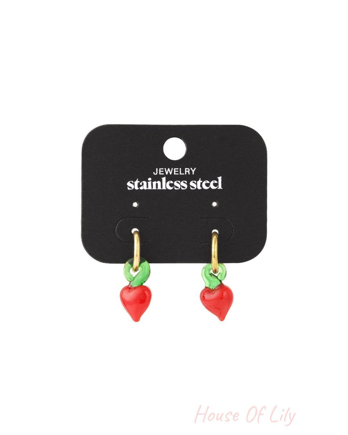 Gold stainless steel hoop earrings with small, glossy red heart-shaped berry charms featuring green stems.