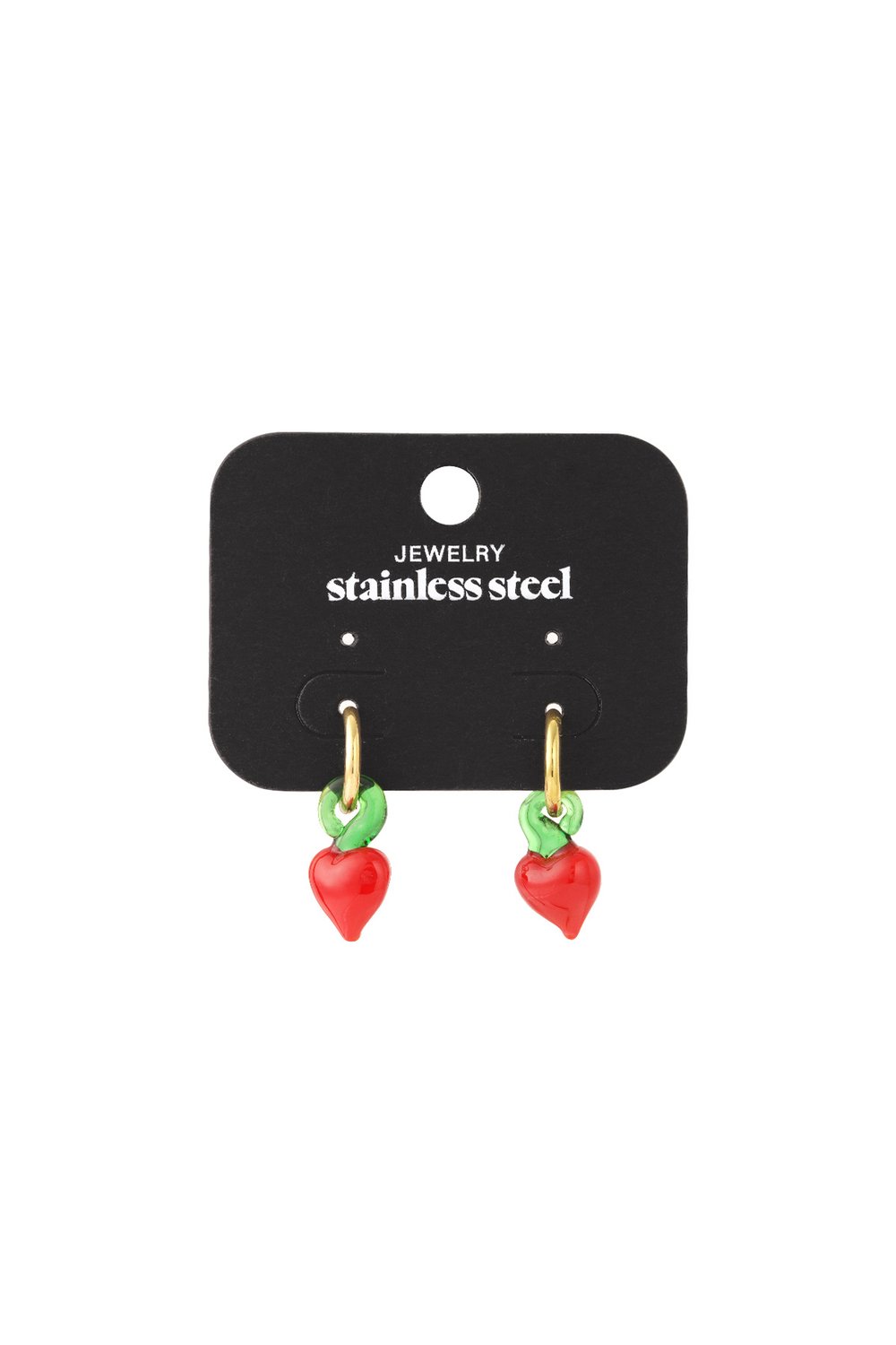 Gold stainless steel hoop earrings with small, glossy red heart-shaped berry charms featuring green stems.