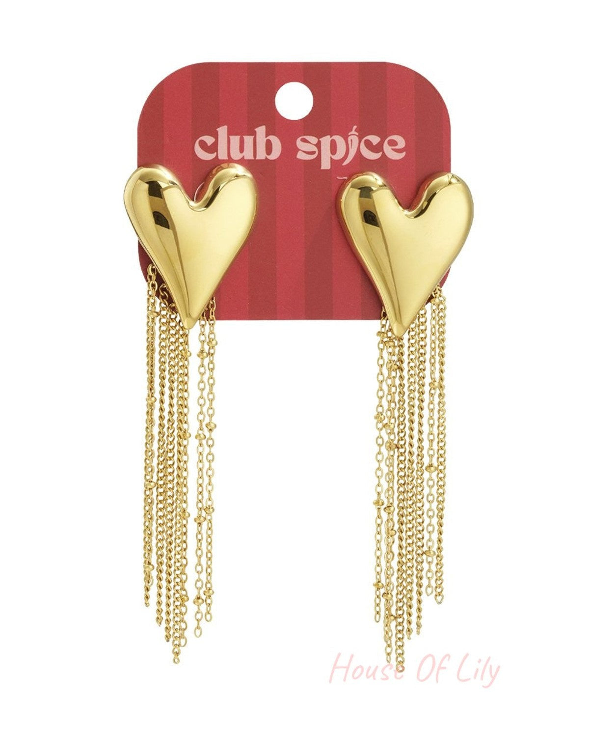 Golden heart-shaped statement earrings featuring a polished finish and long, delicate hanging chain fringe.