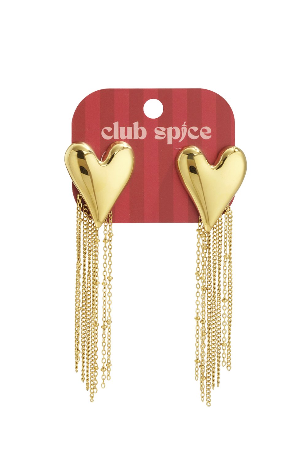 Golden heart-shaped statement earrings featuring a polished finish and long, delicate hanging chain fringe.