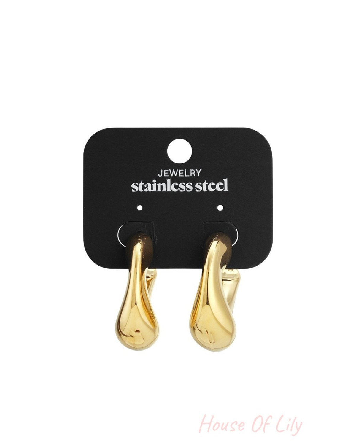 Butter Glazed gold-tone stainless steel chunky hoop earrings with a smooth, organic teardrop shape on a display card.