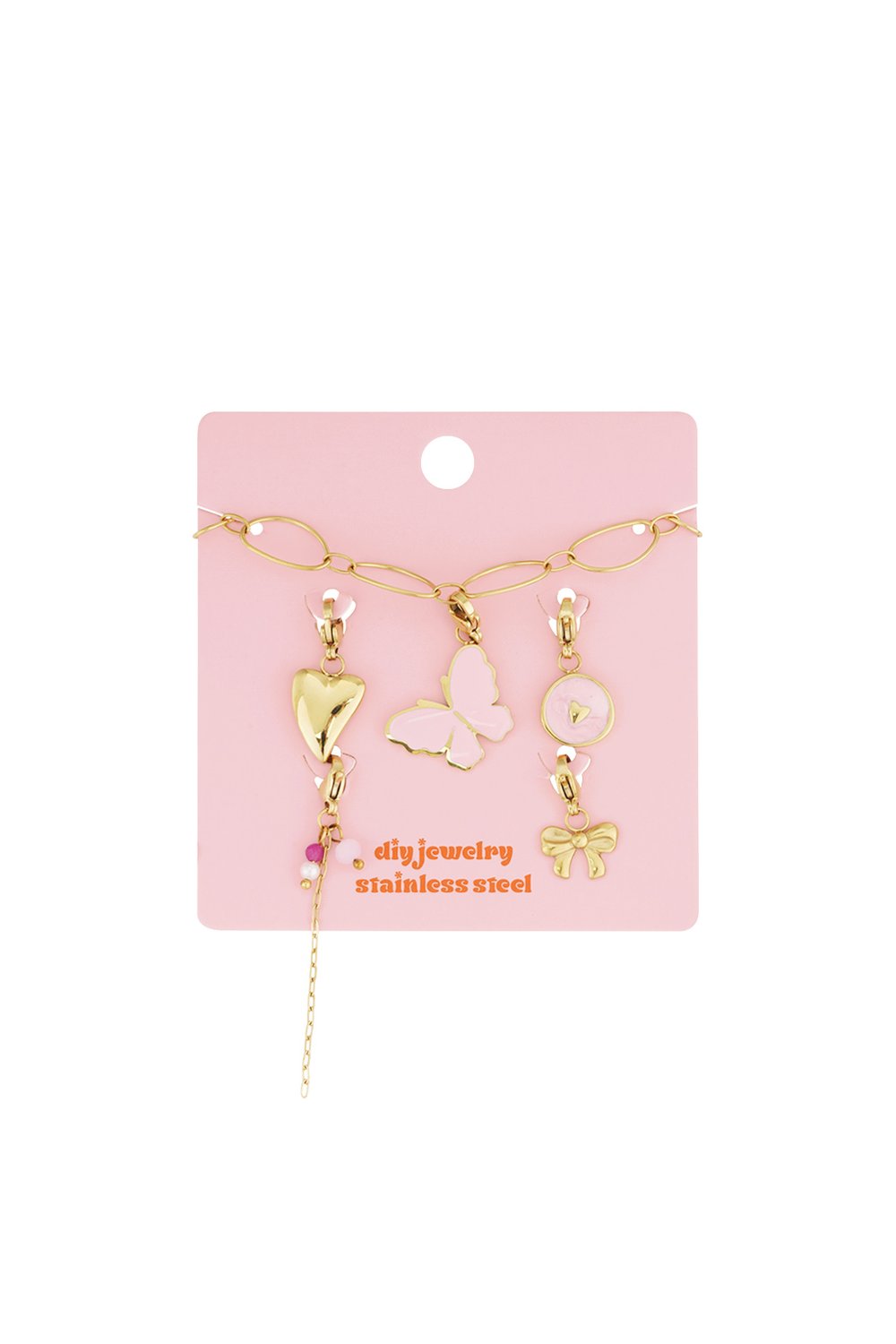 Elegant Gold Link Charm jewelry set featuring gold-toned butterfly, heart, bow, and bead charms on a pink card.