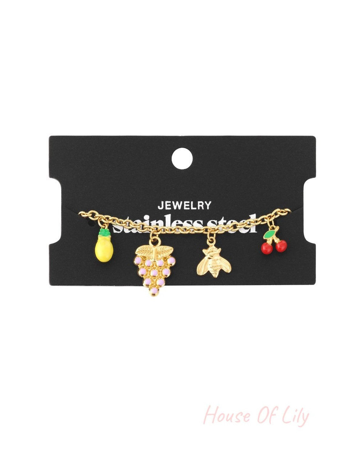 Gold-tone stainless steel chain bracelet featuring vibrant enamel charms of a pineapple, grapes, bee, and cherries.