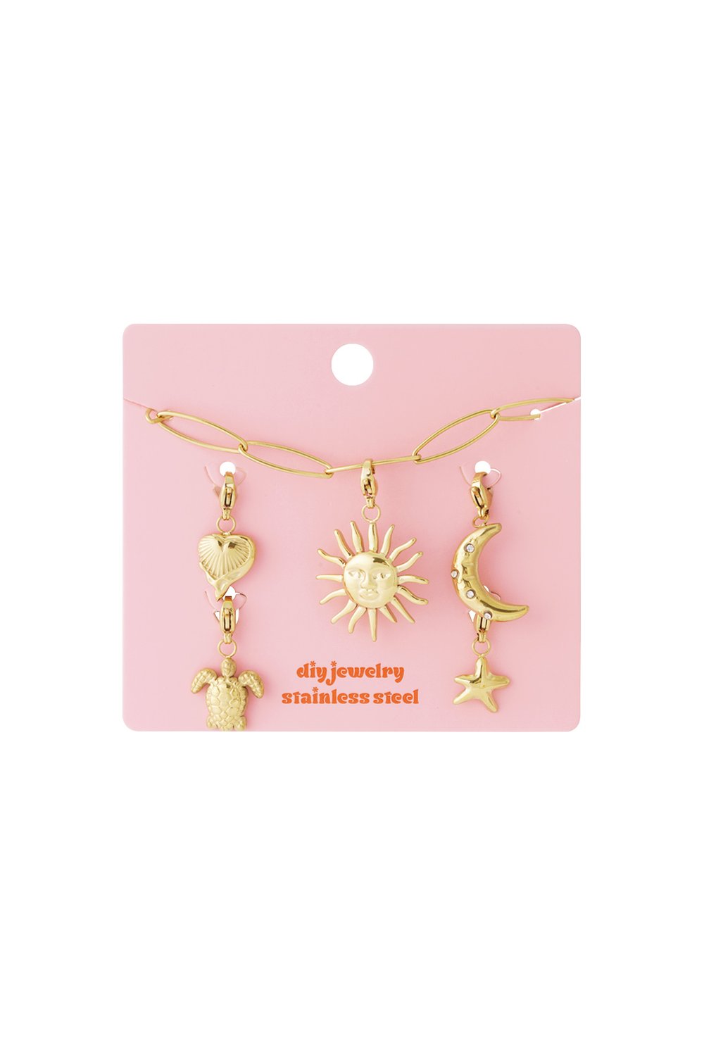 Golden Link Vibe: Gold stainless steel DIY jewelry set with chain, sun, moon, star, heart, and turtle charms on pink.