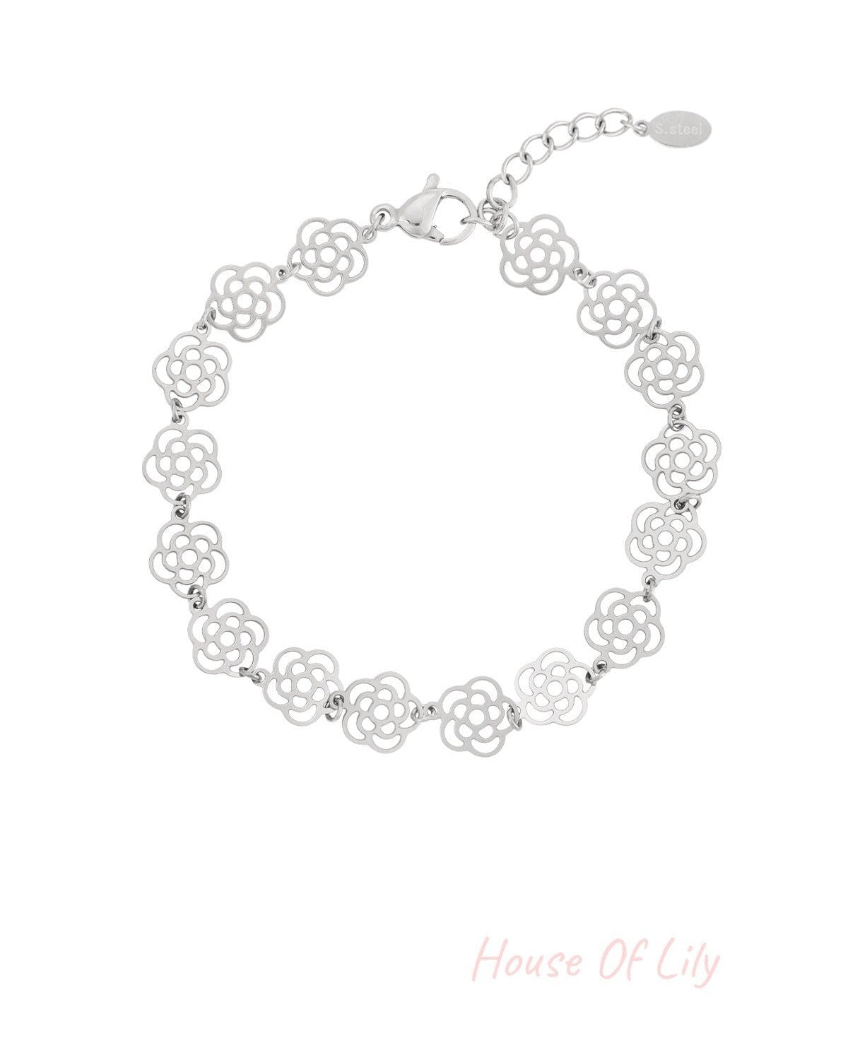 Silver tone delicate rose link bracelet with lobster clasp and adjustable chain on white background