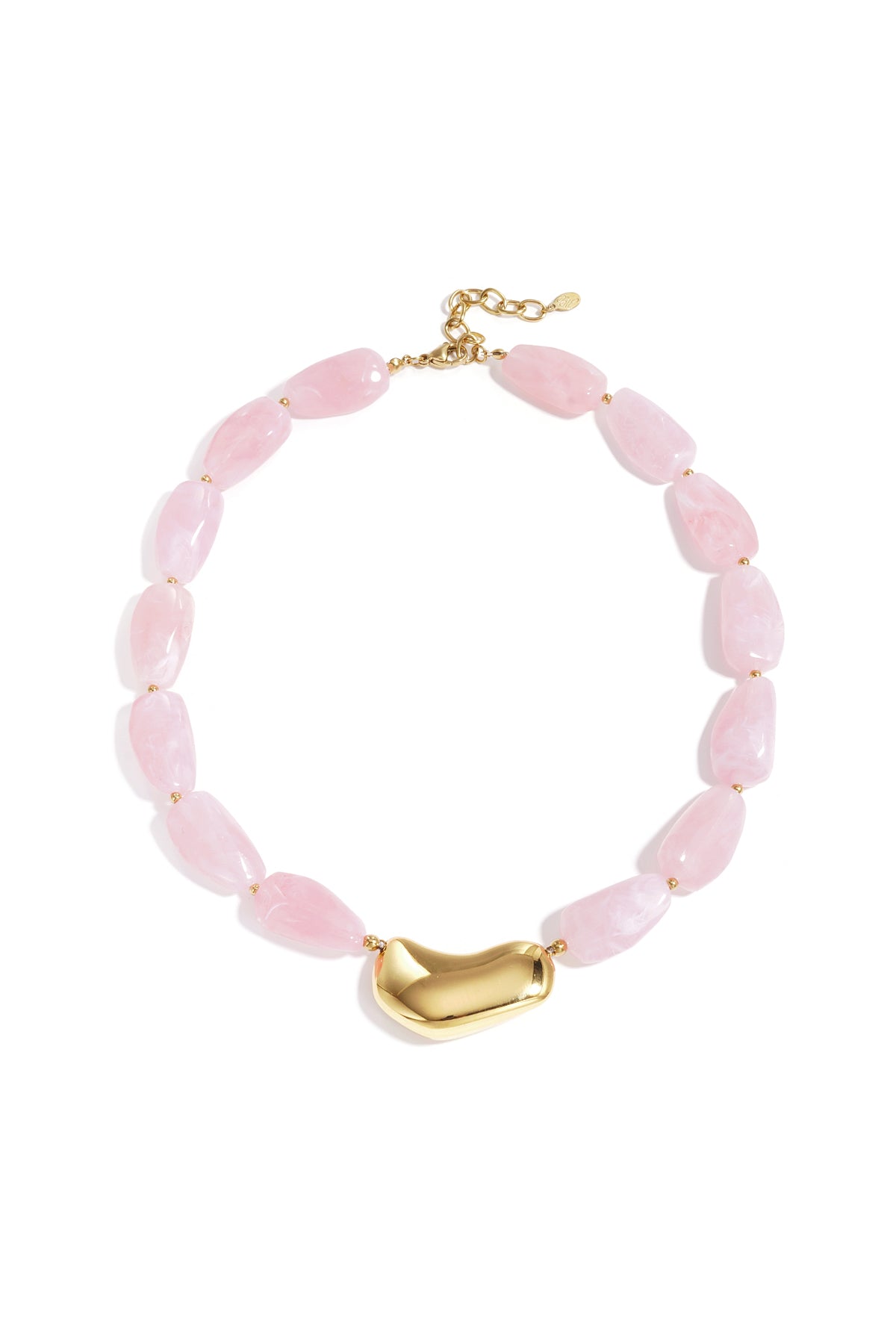 Chunky beaded necklace with soft pink marbled beads and glossy gold asymmetrical centerpiece displayed on a white background