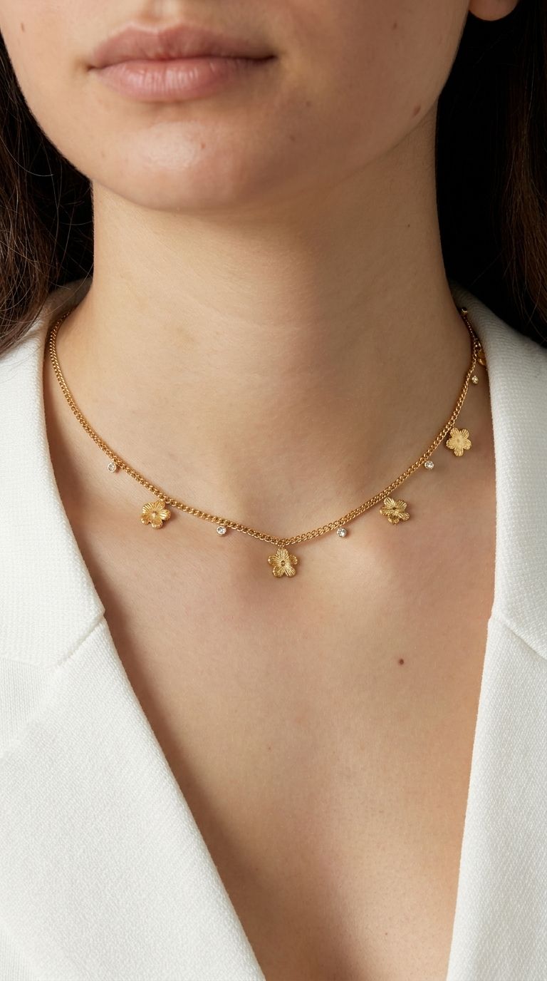 Close-up of the Floral Glaze Core necklace highlighting its high-shine gold finish and delicate floral pendant.
