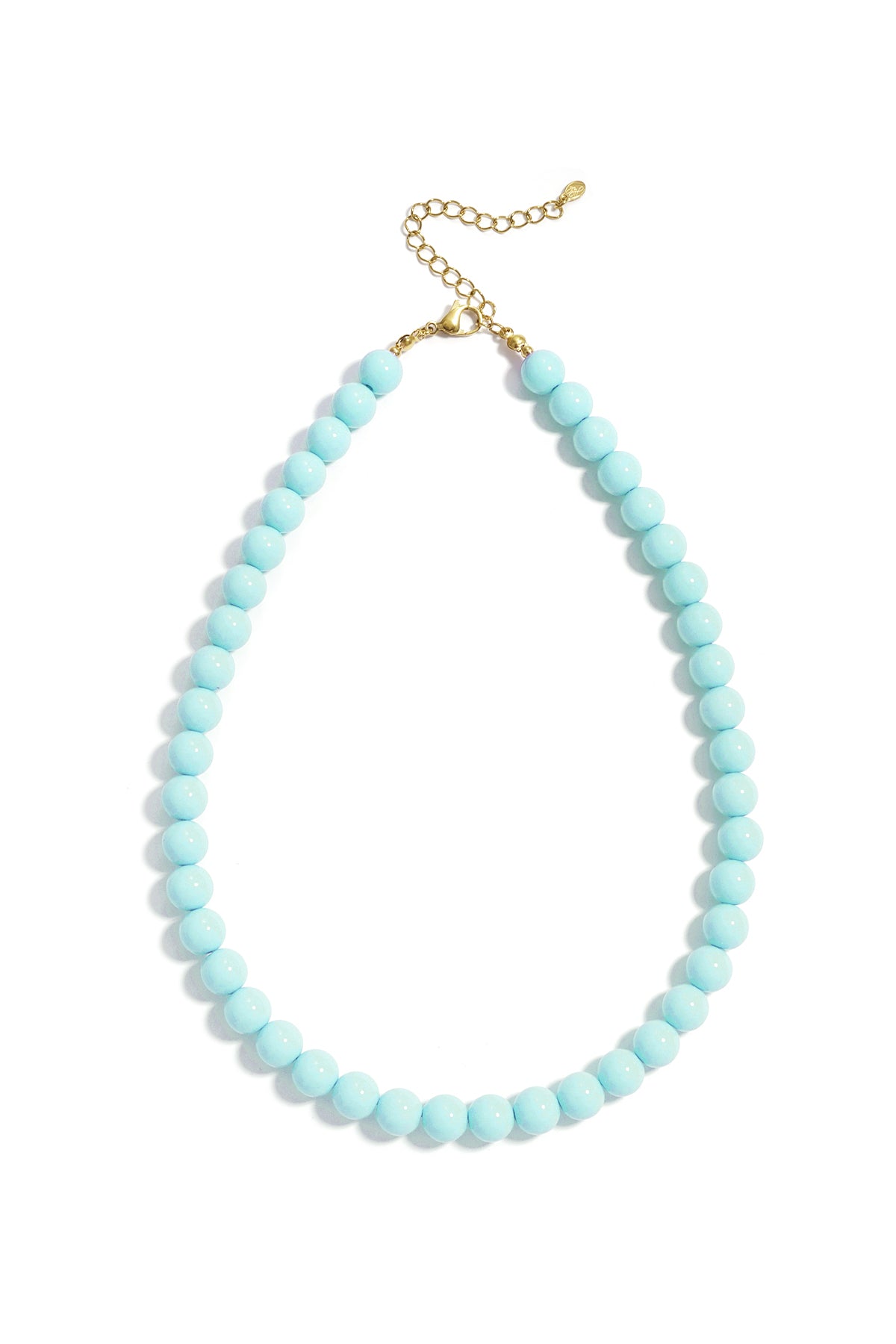 Light blue round resin beaded necklace with a gold-tone chain extender on a white background.