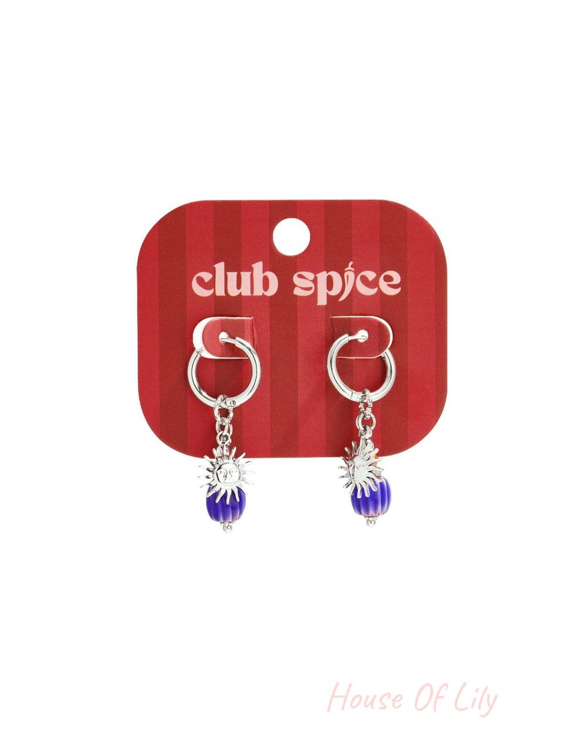 Silver hoop earrings featuring a dangling sun charm and a small, vertically ribbed blue bead.