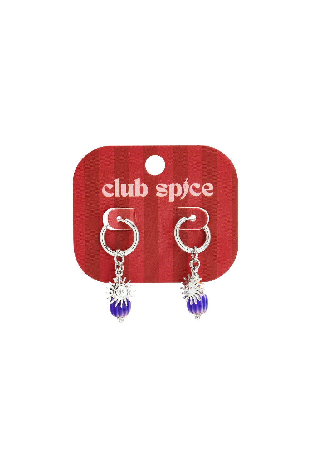 Silver hoop earrings featuring a dangling sun charm and a small, vertically ribbed blue bead.
