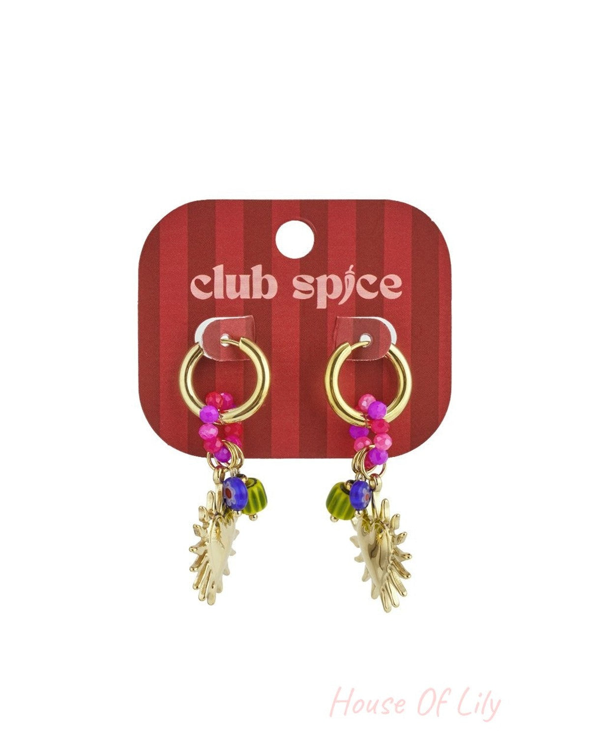 Golden-toned hoop earrings featuring dangling colorful beads and gold sunburst heart charms on a red Club Spice card.