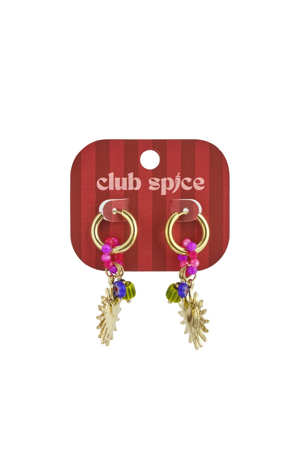 Golden-toned hoop earrings featuring dangling colorful beads and gold sunburst heart charms on a red Club Spice card.