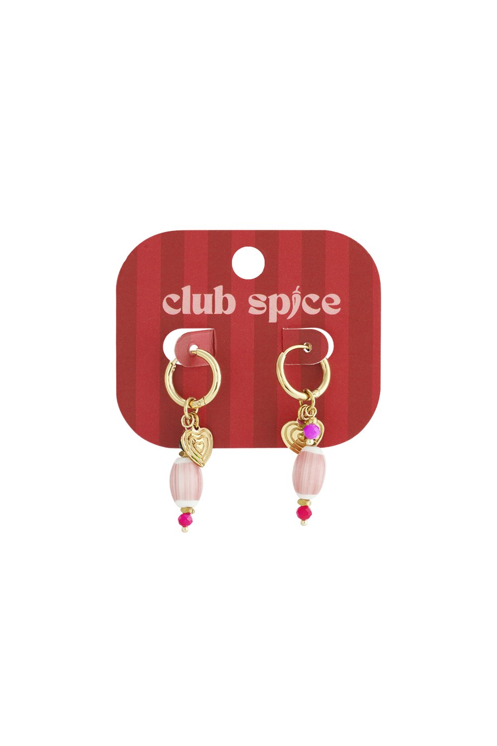 Gold hoop earrings featuring hanging gold heart charms, striped pink oval beads, and small bright pink accent beads.