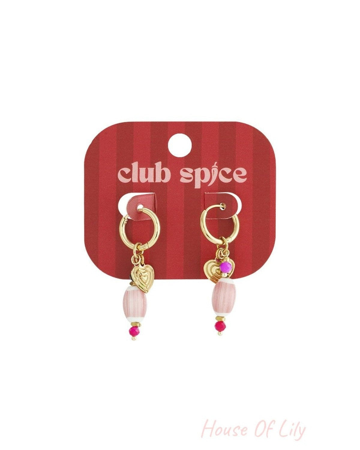 Gold hoop earrings featuring hanging gold heart charms, striped pink oval beads, and small bright pink accent beads.