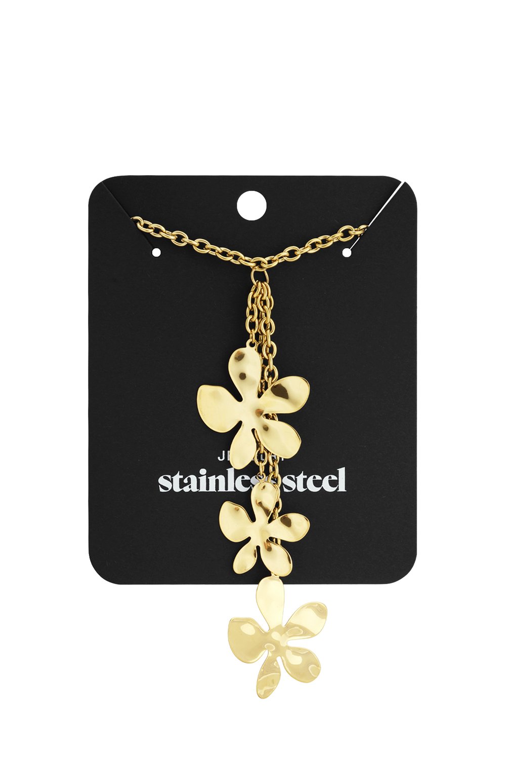Flower Power Era gold-tone stainless steel pendant necklace featuring three layered abstract flower charms.
