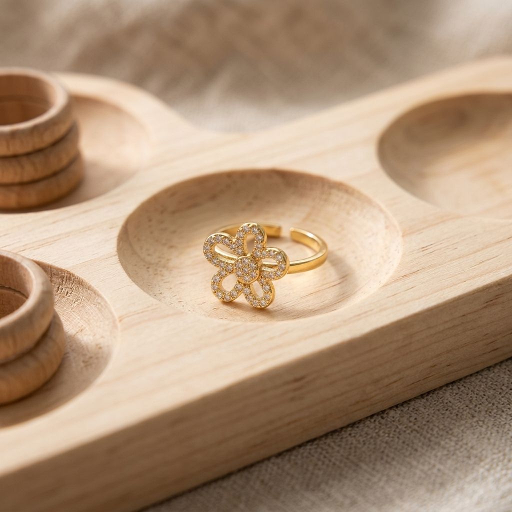 Close-up of a petite floral statement ring made of stainless steel with rhinestones, focusing on its petal design and sparkle on a wooden display tray.