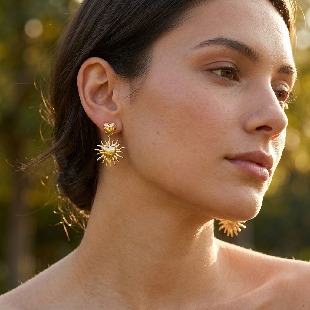 Small 'Golden Sun Heart Dangles' earrings on a model in a sunny outdoor setting, catching light and highlighting their delicate design.