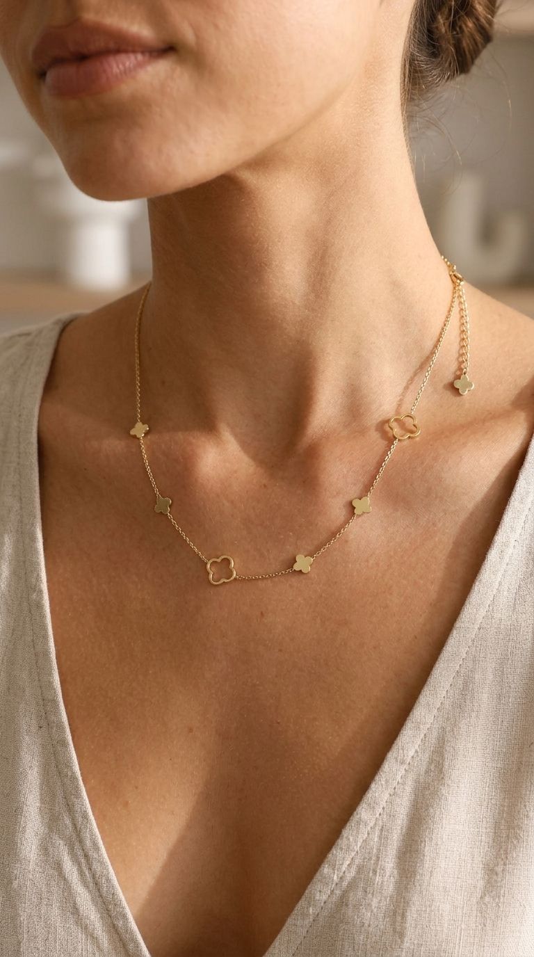 Close-up of the Lucky Clover Layering Chain on a female model showing stainless steel texture, small clover charm, and adjustable clasp.