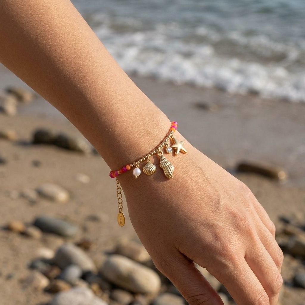 Petite starfish charm bracelet on sandy shoreline with waves and natural sunlight.