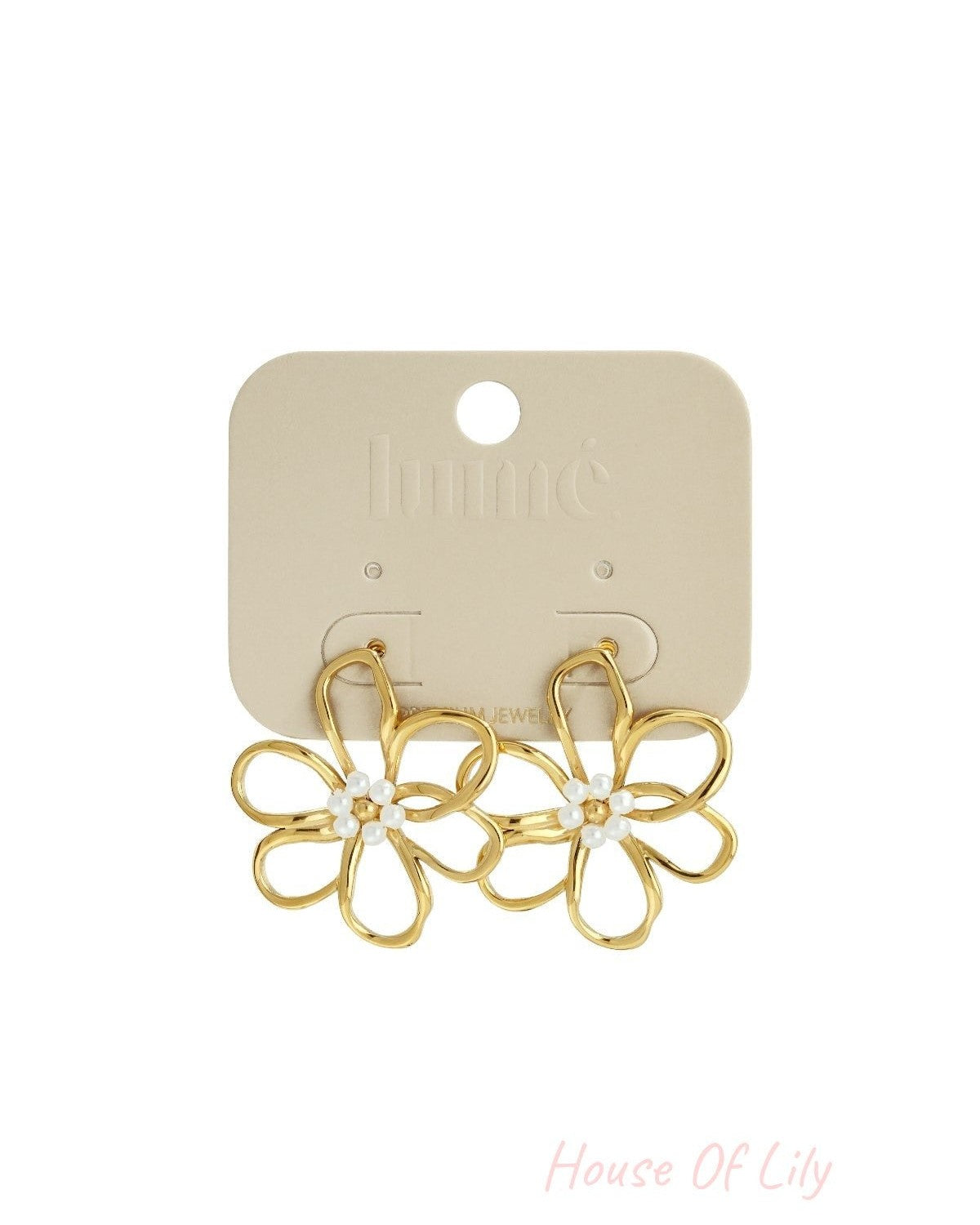Gold Bloom Drop earrings: Open-style gold flower shapes with delicate white pearl centers on a beige display card.